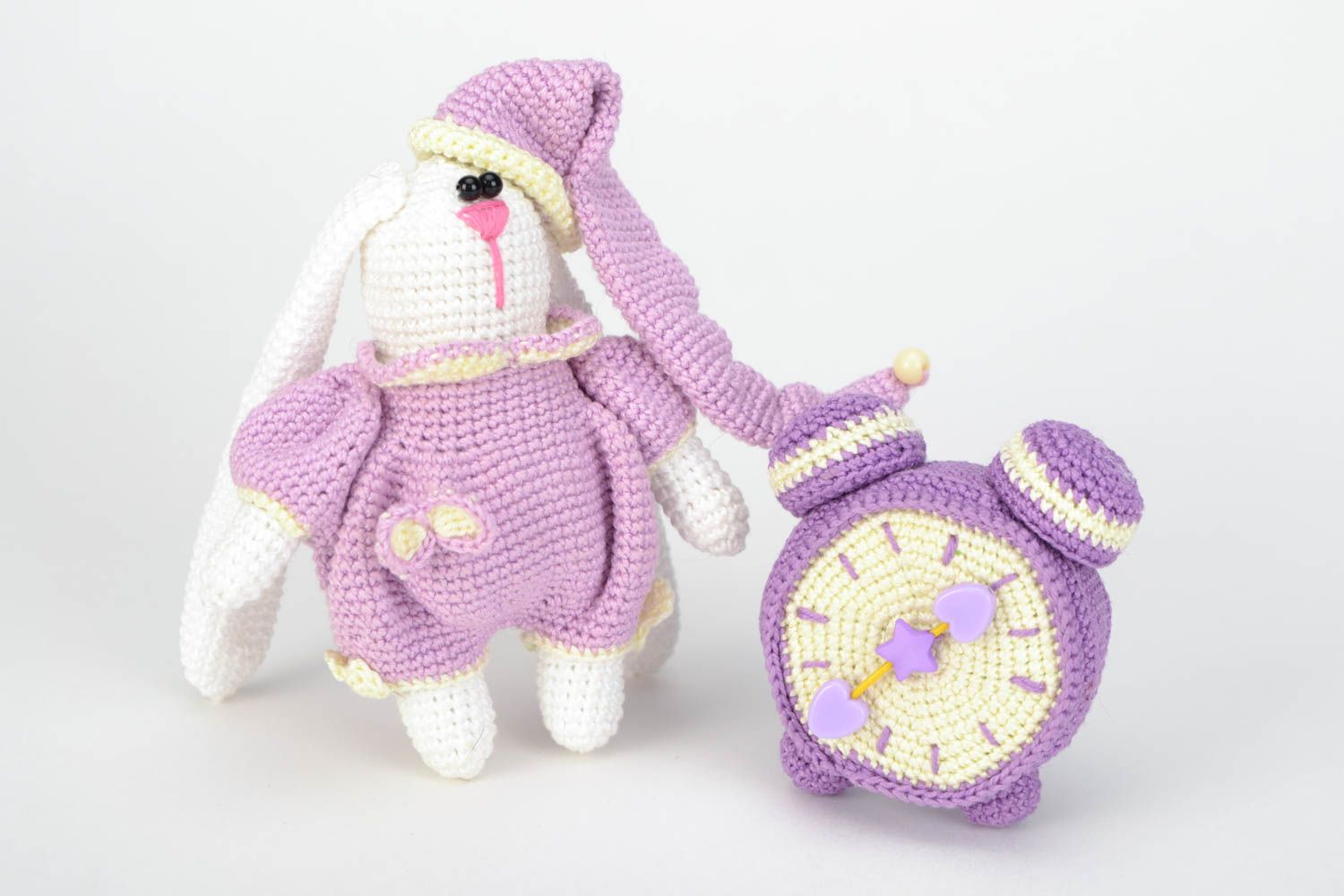 Small lilac handmade crochet soft toy Hare with alarm clock photo 1