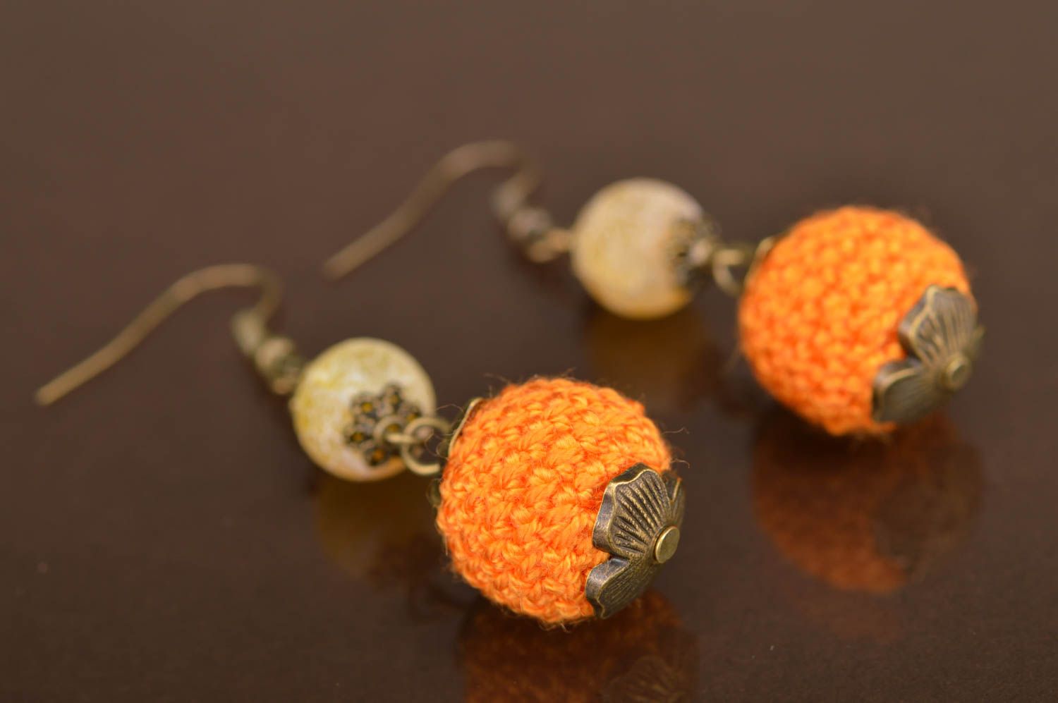 Handmade beaded crocheted earrings long yellow orange bright beautiful jewelry photo 3