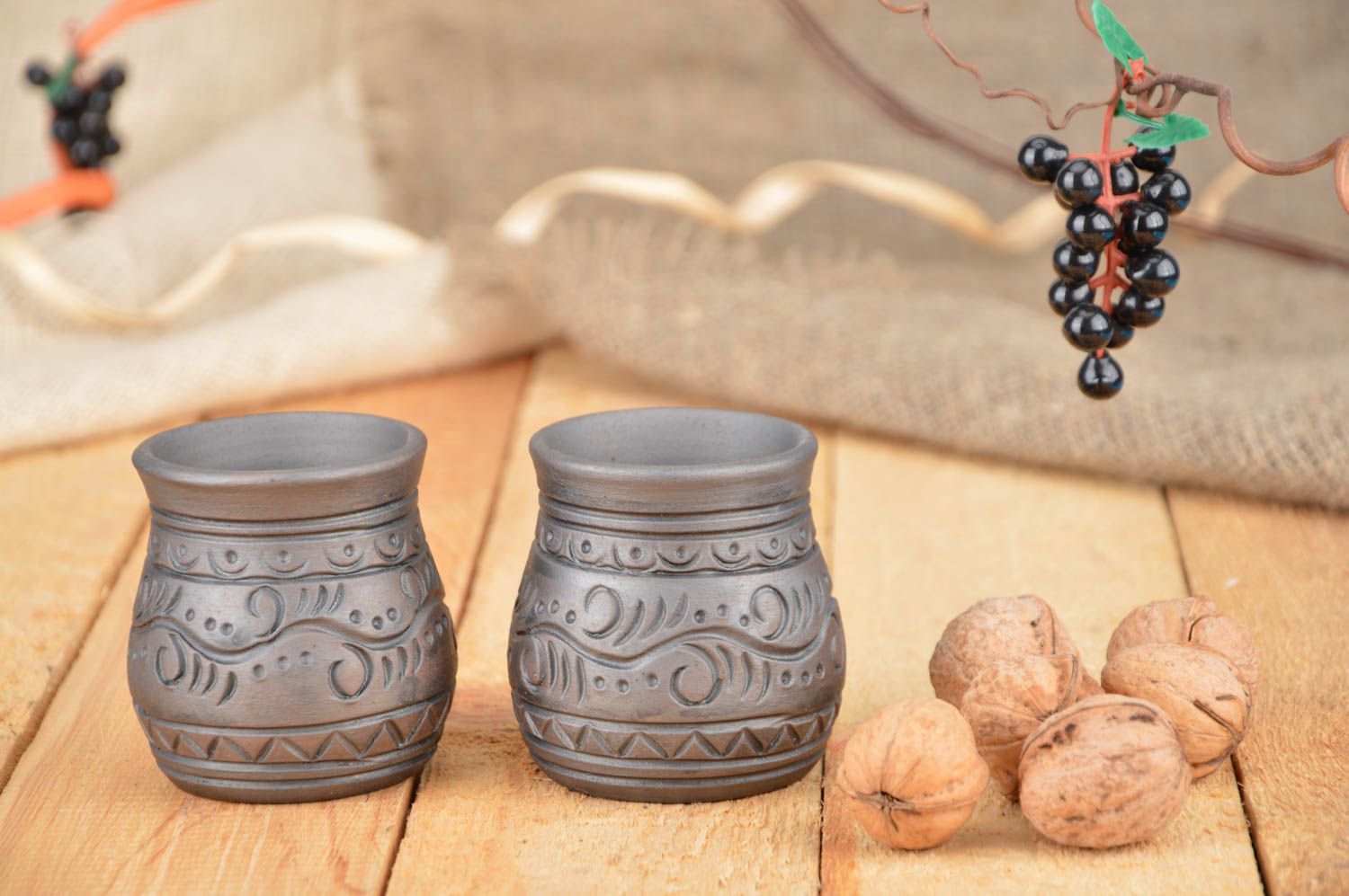 Set of 2 small decorative ethnic ornamented ceramic pottery shot glasses 100 ml photo 1