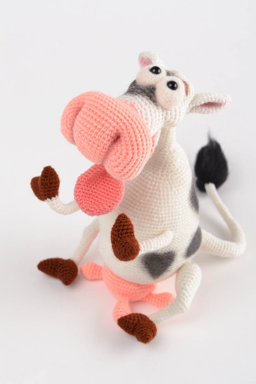 Handmade designer funny soft toy crocheted of acrylic threads funny cow photo 3
