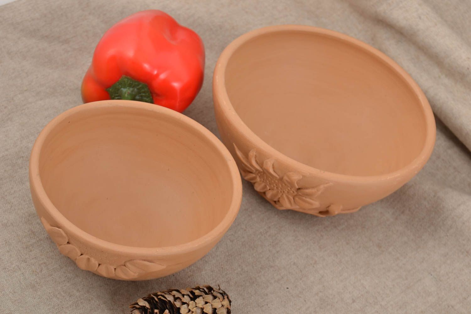 Set of handmade clay bowls 2 pieces of different sizes beautiful kitchen pottery photo 1