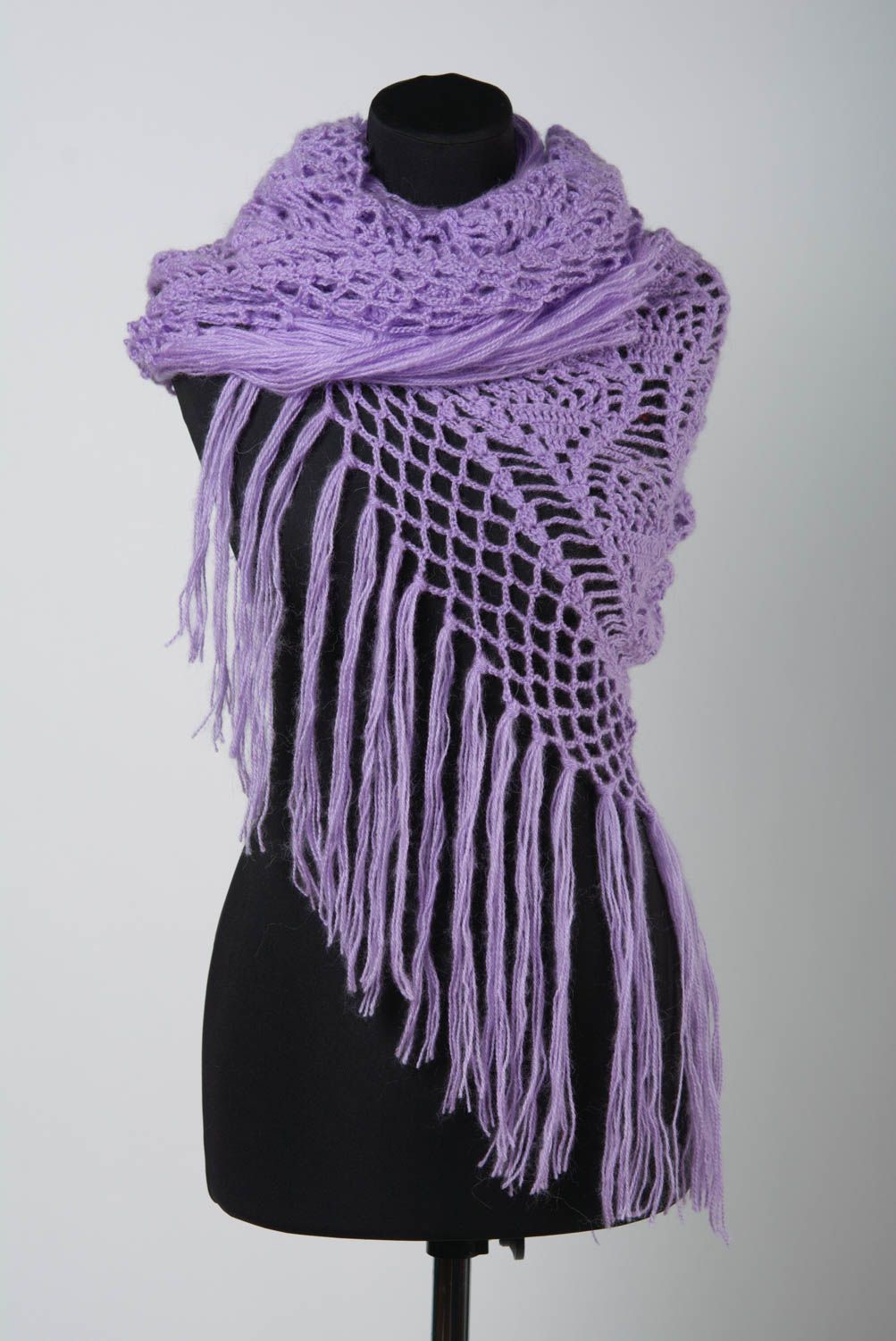 Handmade warm violet lacy shawl crocheted of woolen threads with fringe for women photo 1