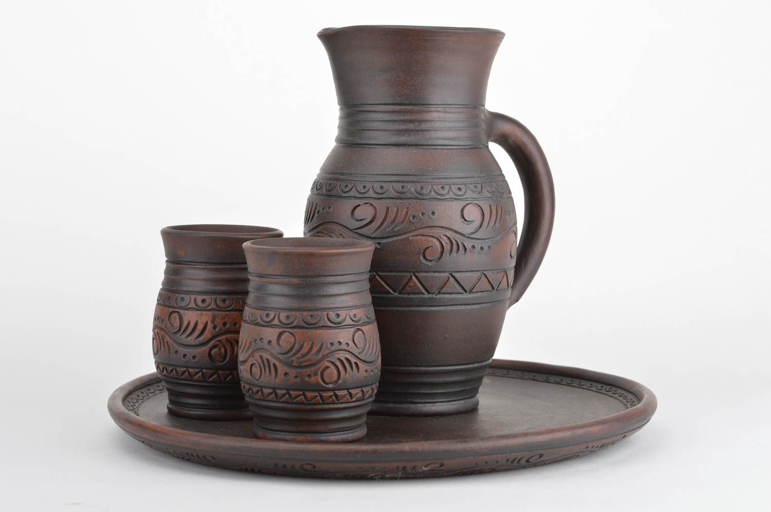 Keramik Geschirr Set Krug 2 Trinkbecher und Tablett handmade künstlerisch Ethno  foto 2