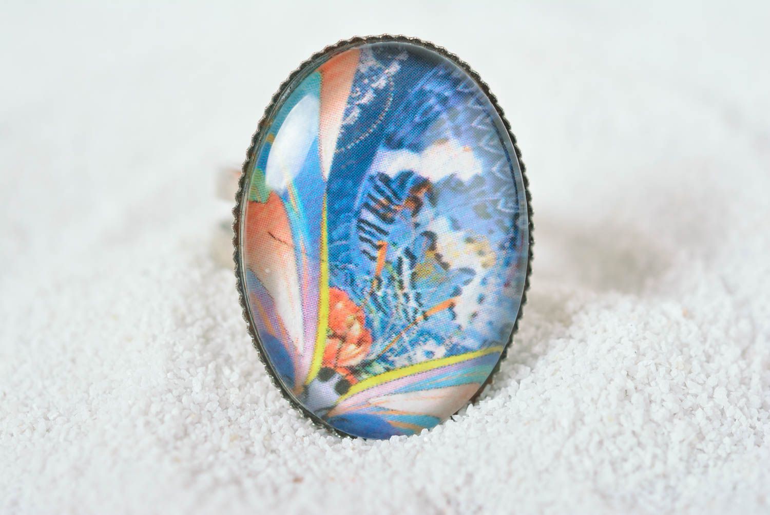 Bague ovale bleue Bijou fait main métal verre imprimé Cadeau femme original photo 2