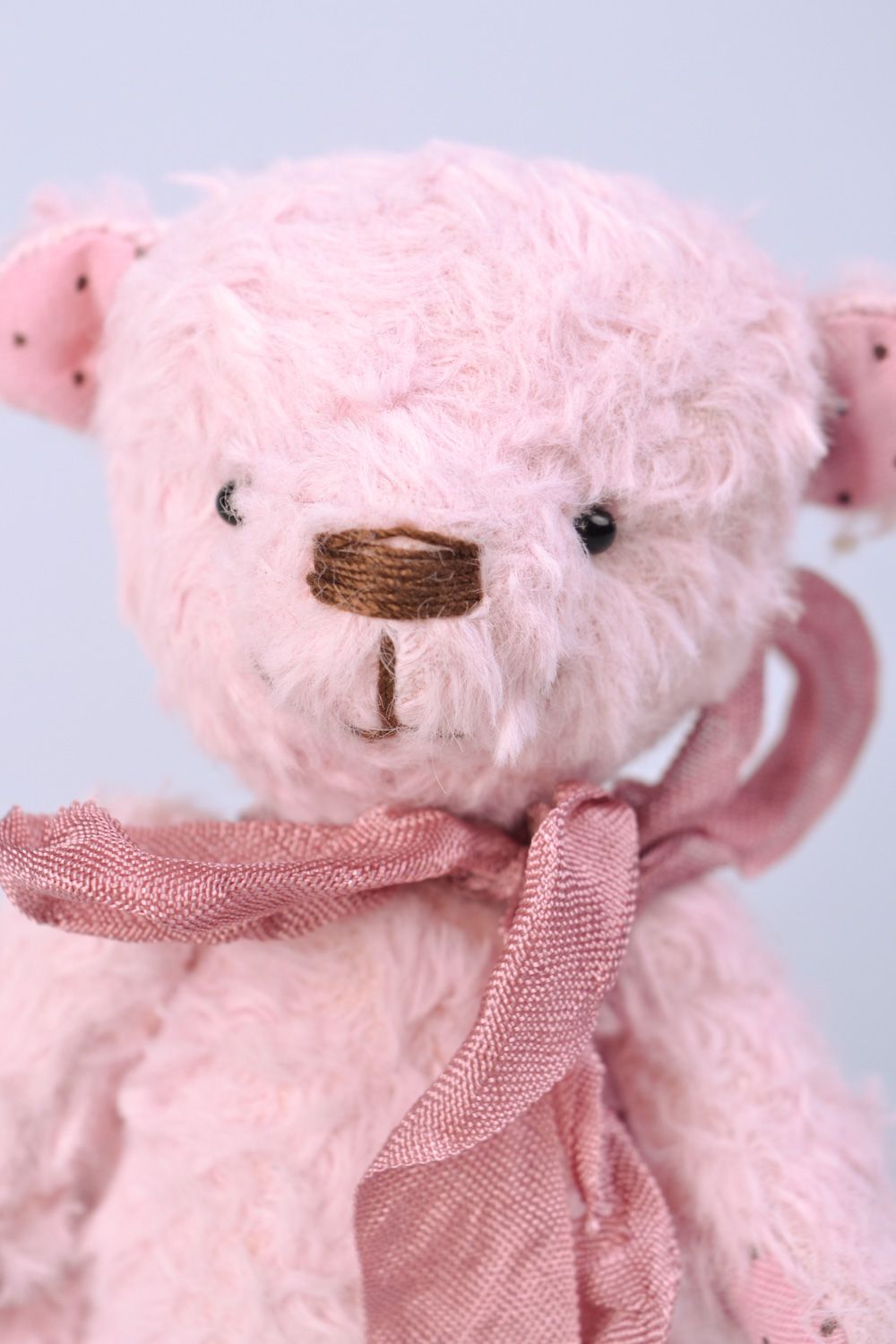 Small handmade designer soft toy bear of pink color with beautiful bow photo 4