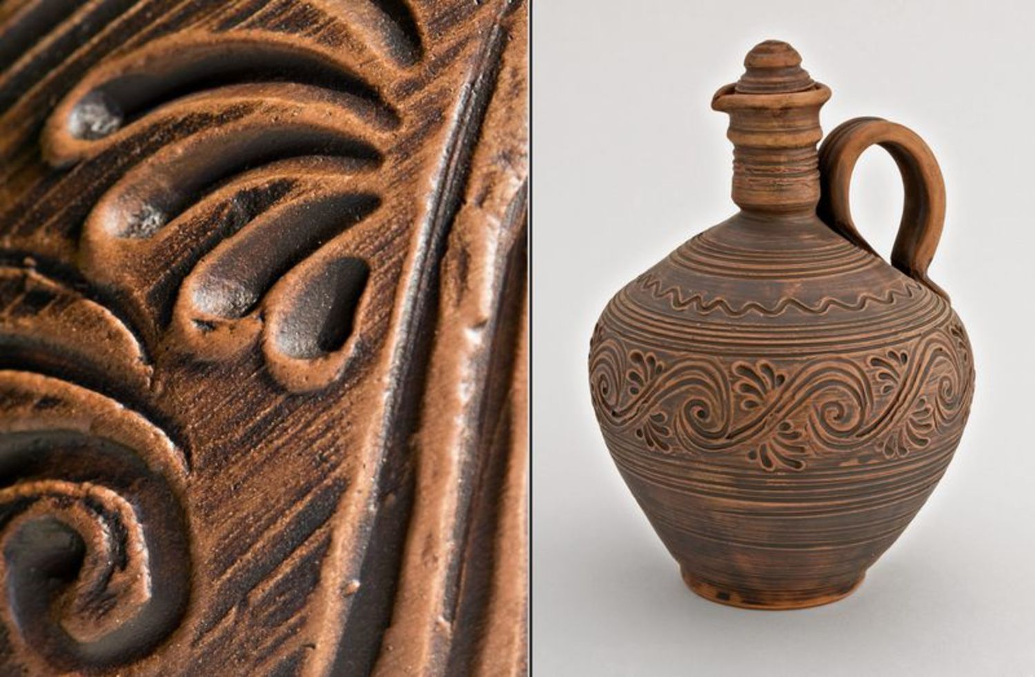 Ceramic wine carafe 30 oz hand-carved ornament pottery 2,8 lb photo 2