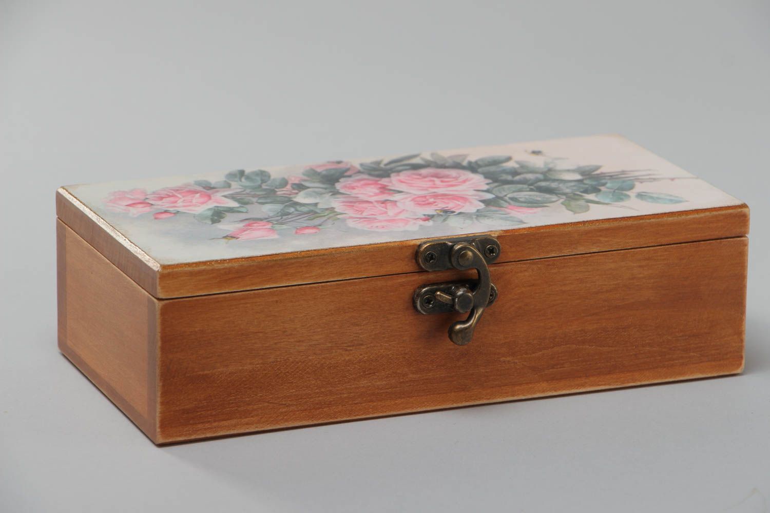 Handmade rectangular wooden jewelry box with floral print on a lid photo 4