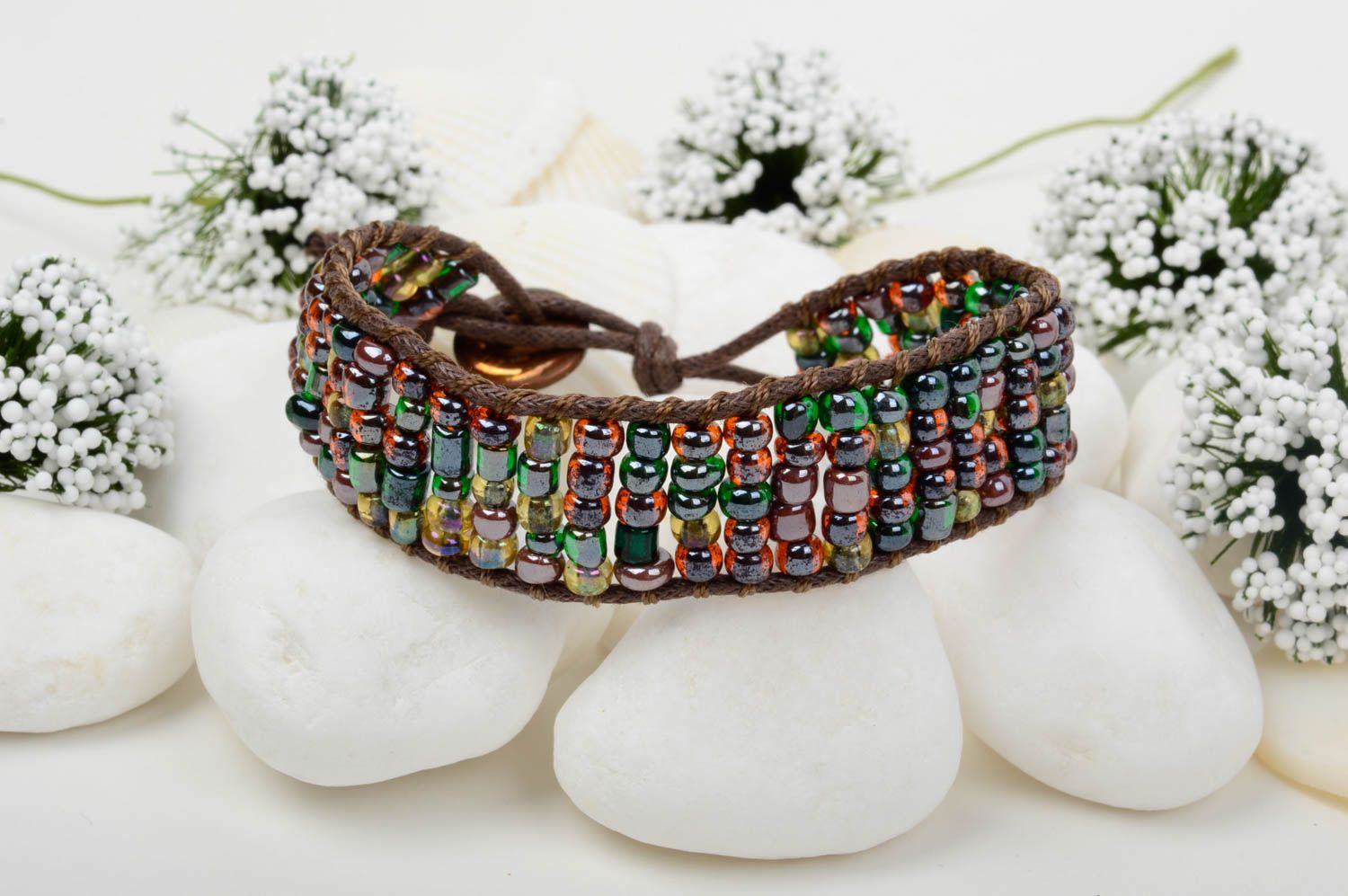 Brown color cord strand beaded bracelet with brown and dark green beads photo 1
