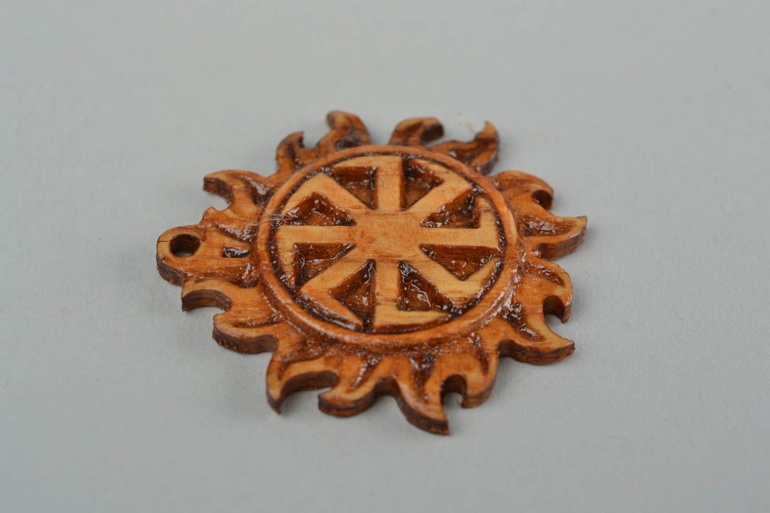 Round wooden ethnic handmade amulet pectoral pendant Kolovrat in the Sun  photo 4
