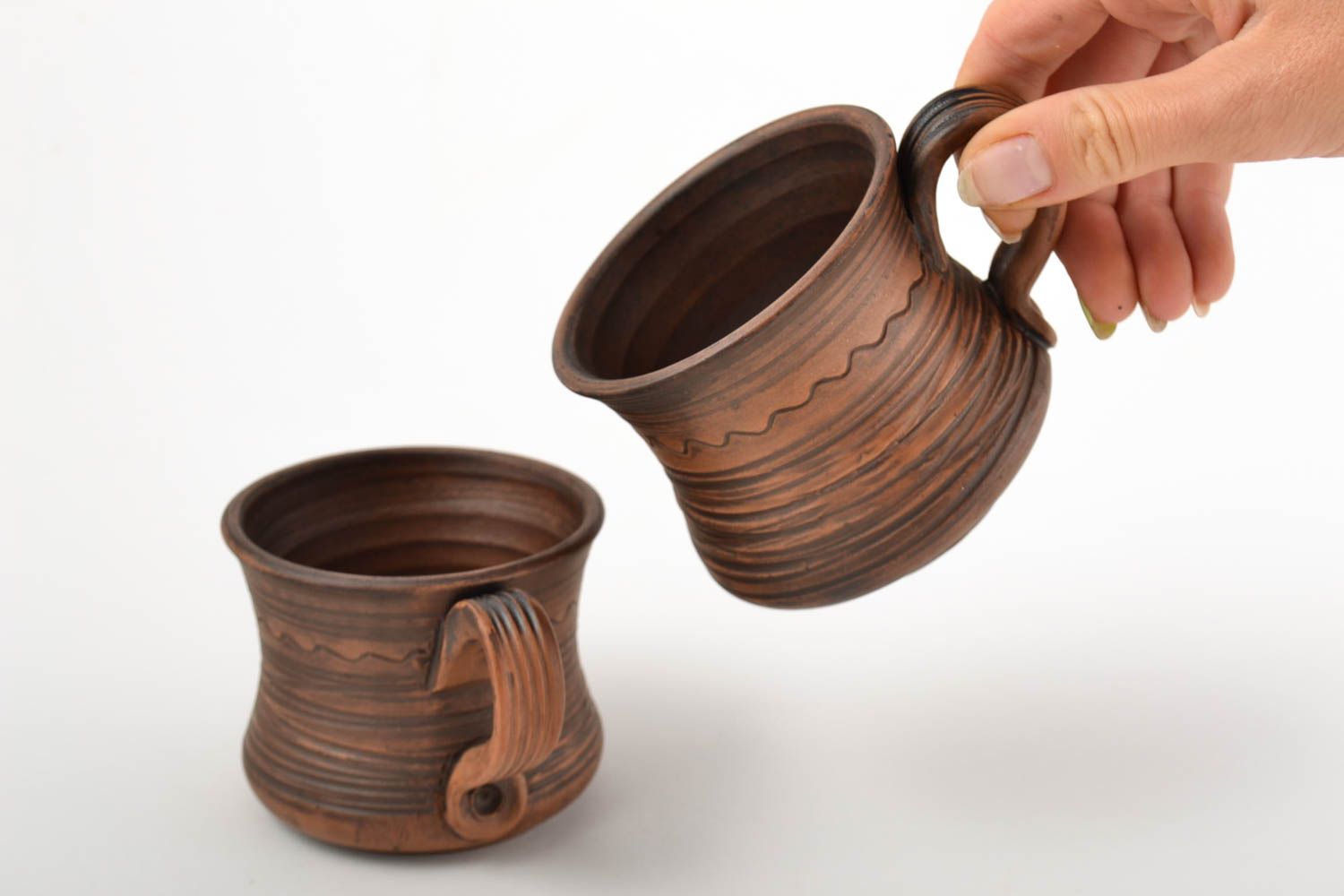 Teetassen Set Keramik Handarbeit braune Tassen Ton Geschirr 2 Stück schön foto 2