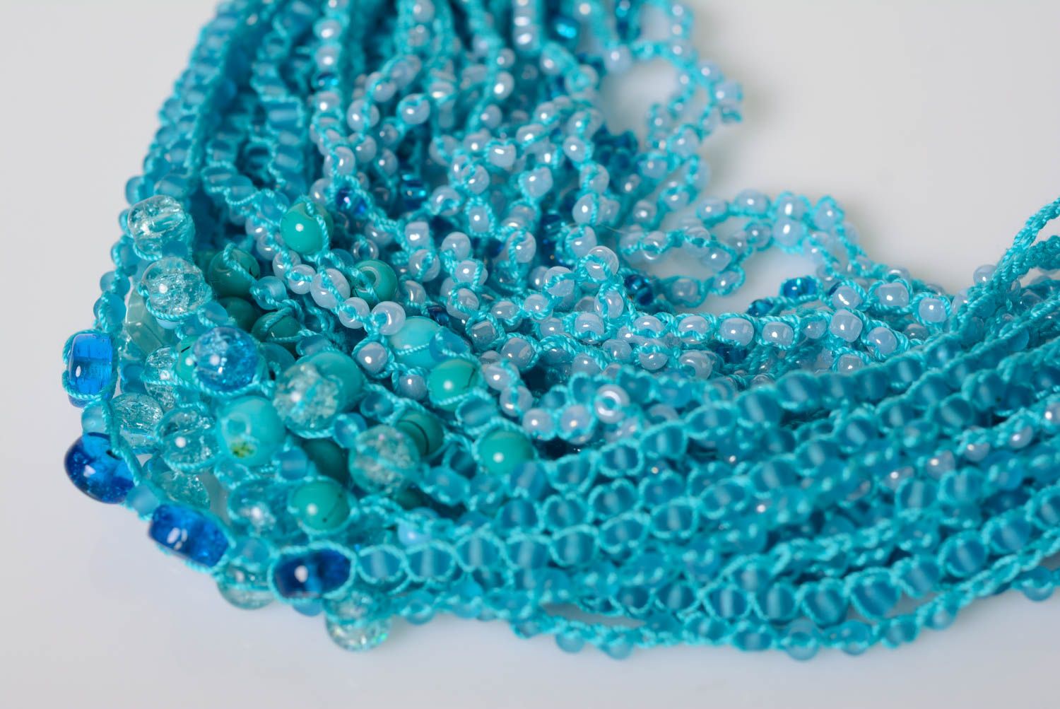 Beautiful blue handmade designer beaded necklace on the basis of cotton threads photo 5