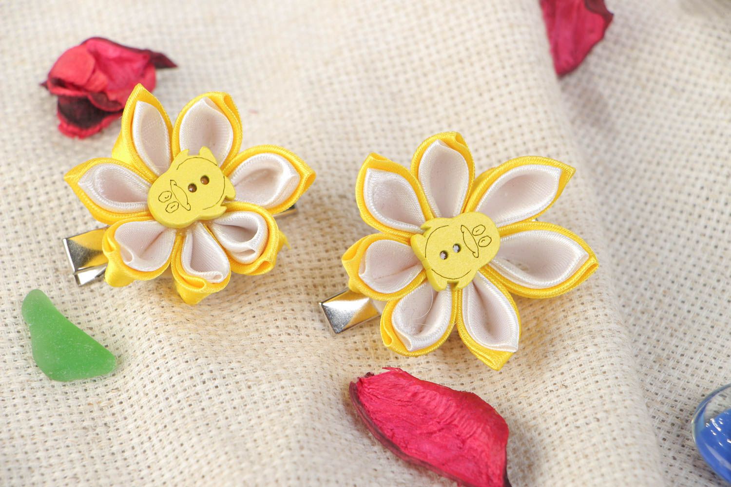 Set of handmade hairpins made using kanzashi technique in yellow color for children photo 1