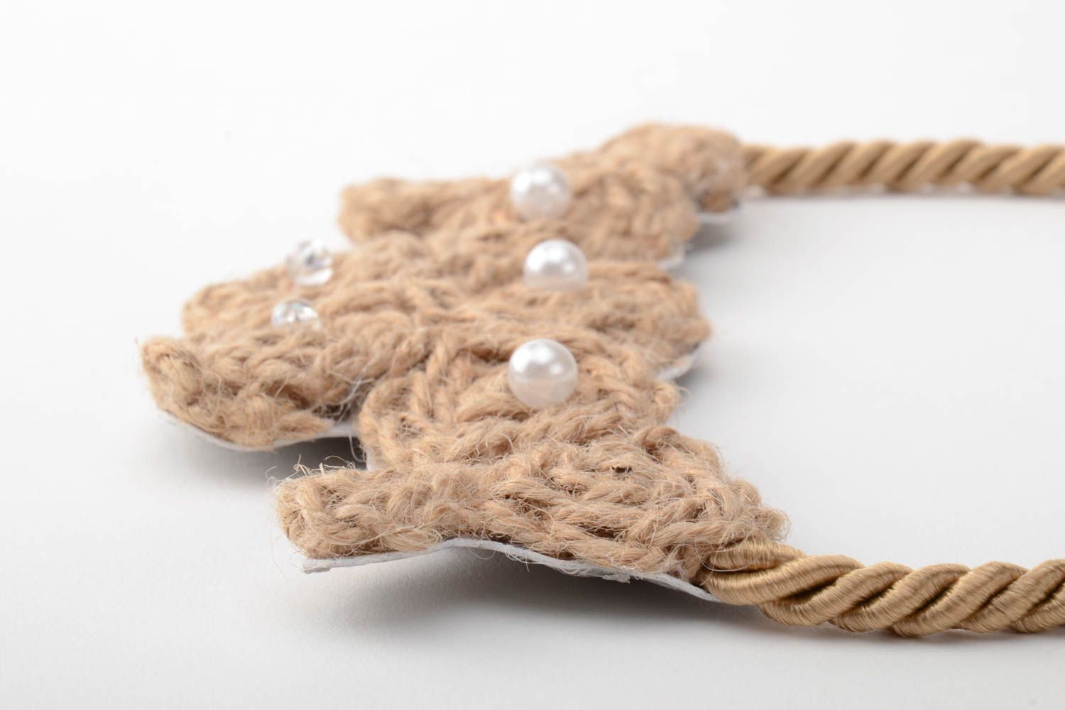 Collar tejido de hilos de lino con cuentas artesanal original de color beige foto 3