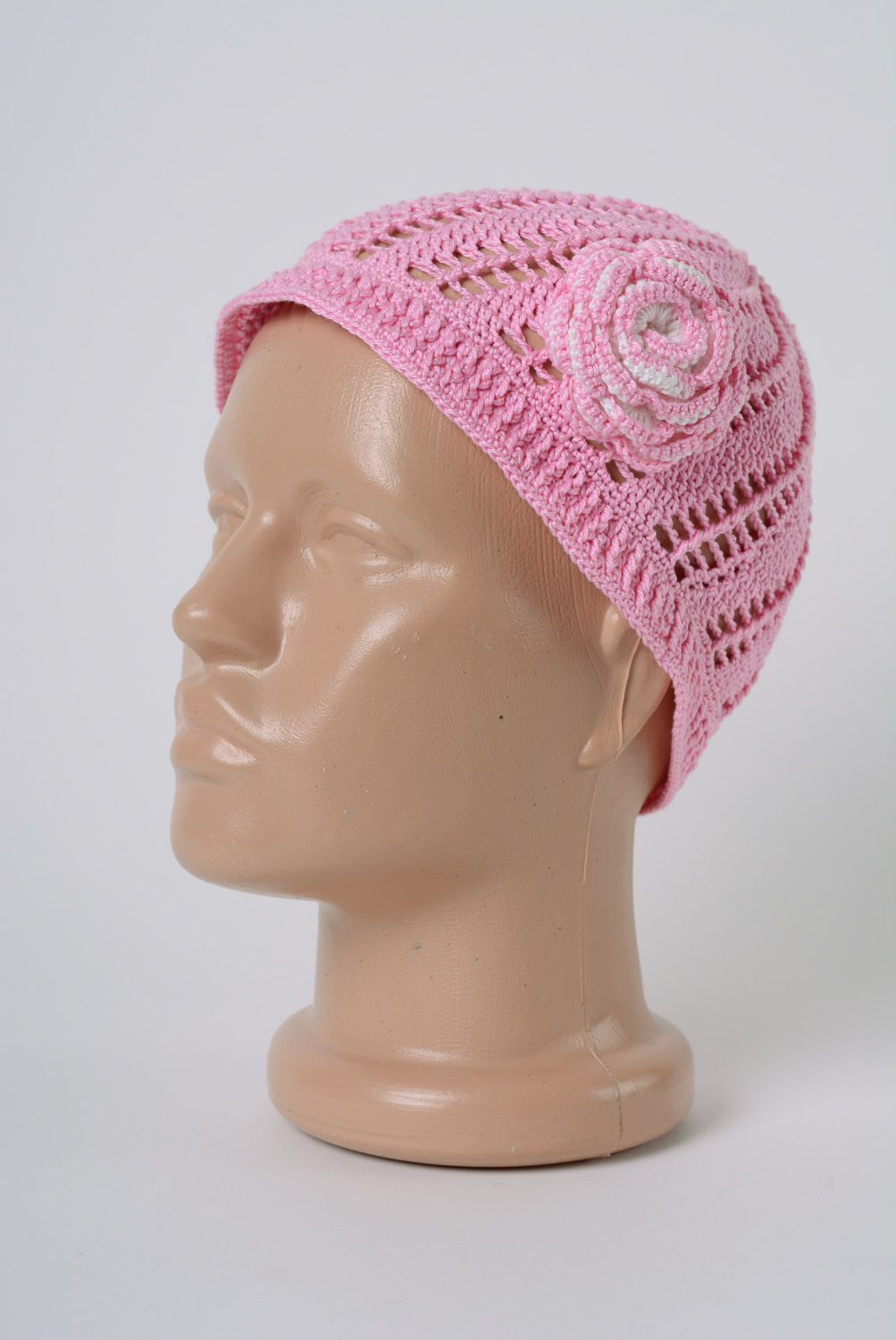 Handmade lacy pink hat crocheted of cotton threads with flower for girl photo 1