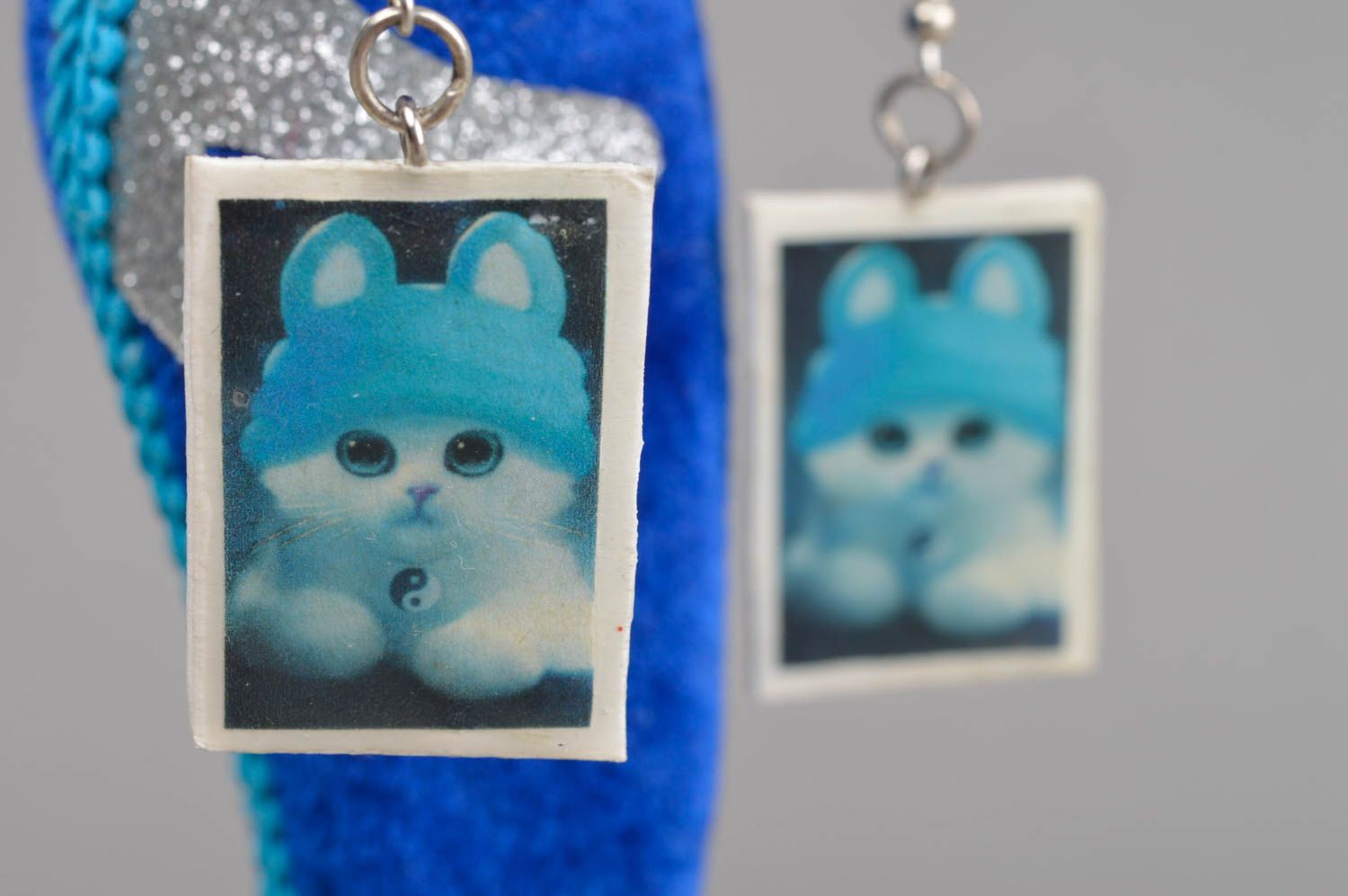 Украшение ручной работы красивые серьги с котами модные серьги голубые фото 1
