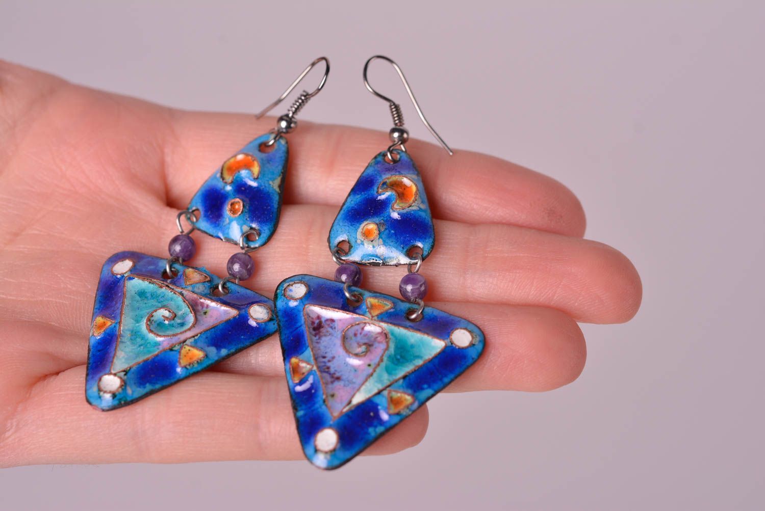 Boucles d'oreilles en cuivre Bijou fait main pendantes Cadeau femme bleues photo 2