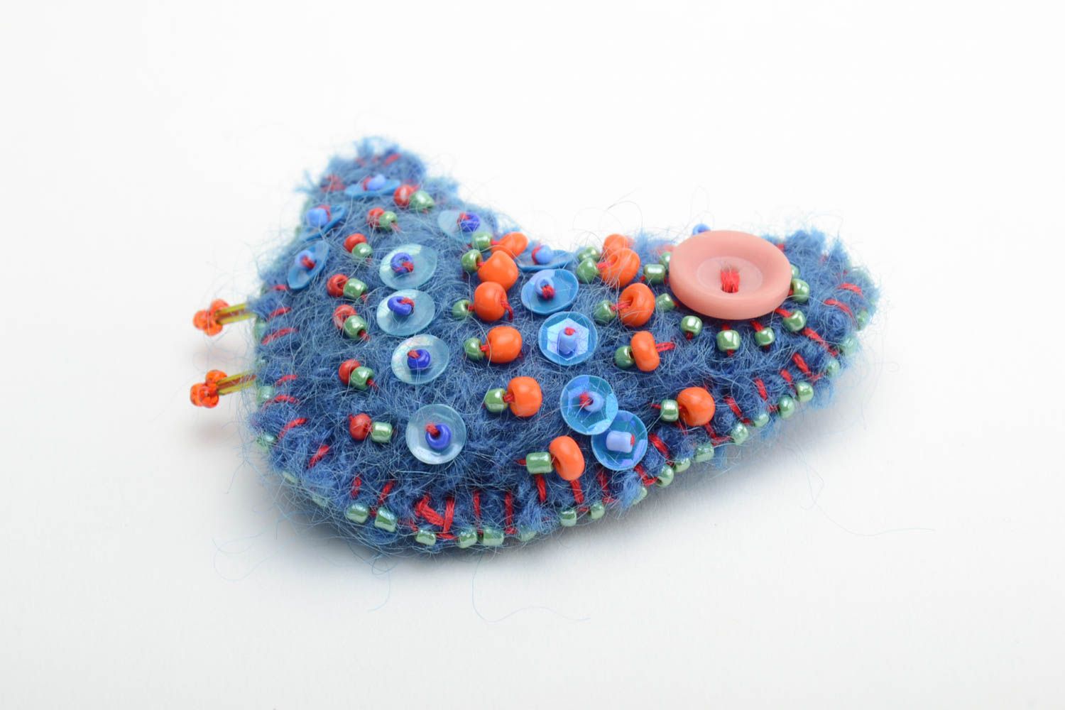 Funny handmade textile woolen brooch embroidered with beads and sequins in blue  photo 2