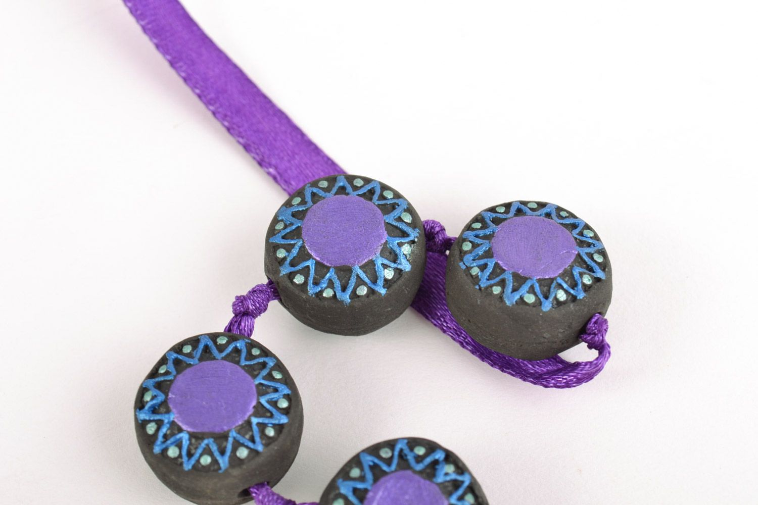 Set of handmade ceramic bright violet jewelry 2 items earrings and wrist bracelet photo 3