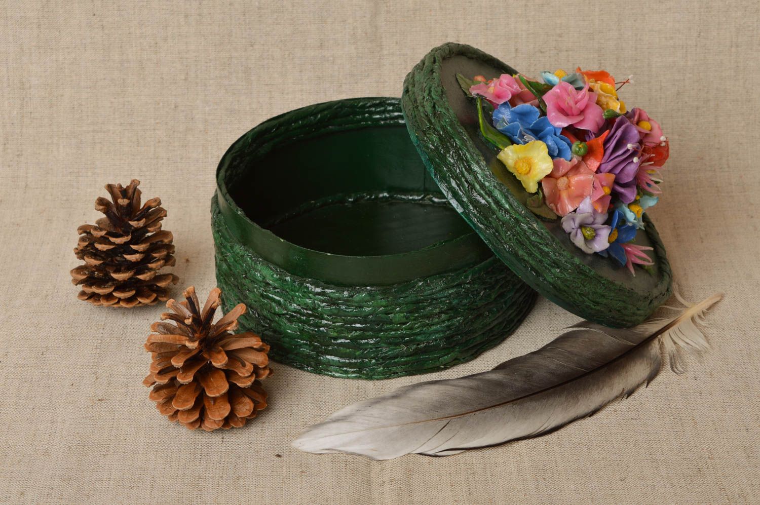 Boîte à bijoux fait main Boîte en papier ronde verte avec fleurs Déco maison photo 1
