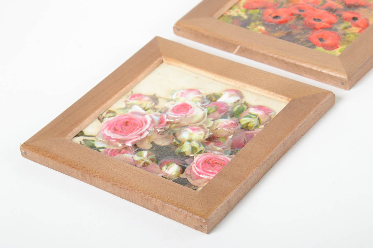 Petits Tableaux carrés faits main avec fleurs 2 pièces Décoration maison photo 3