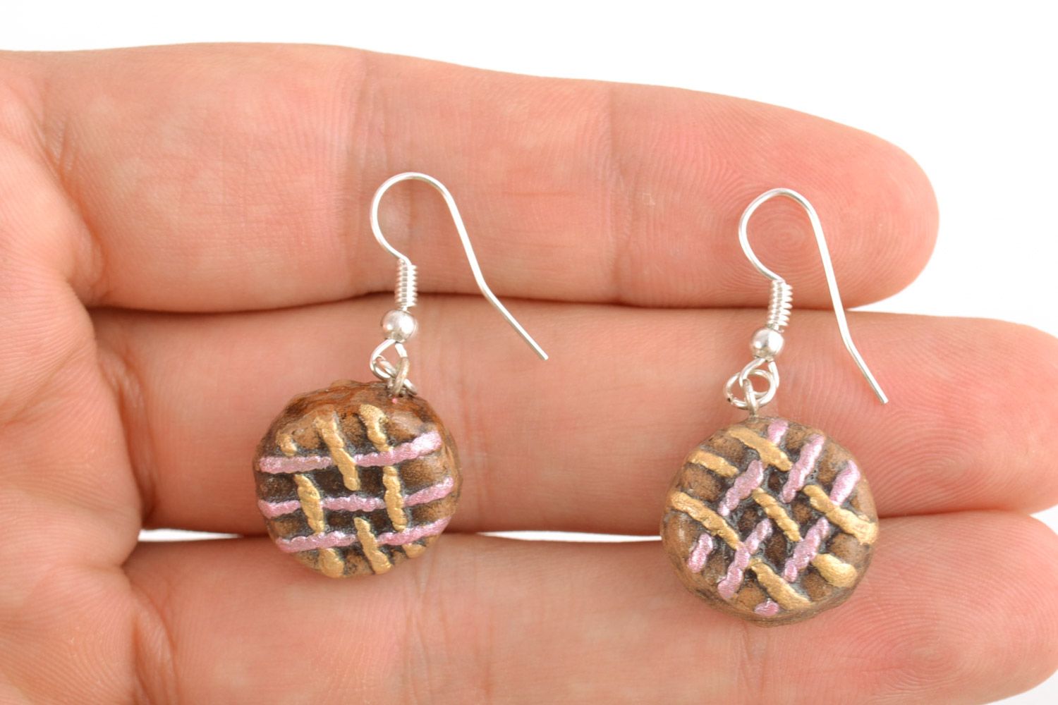 Small handmade ethnic round ceramic dangling earrings painted with acrylics photo 2