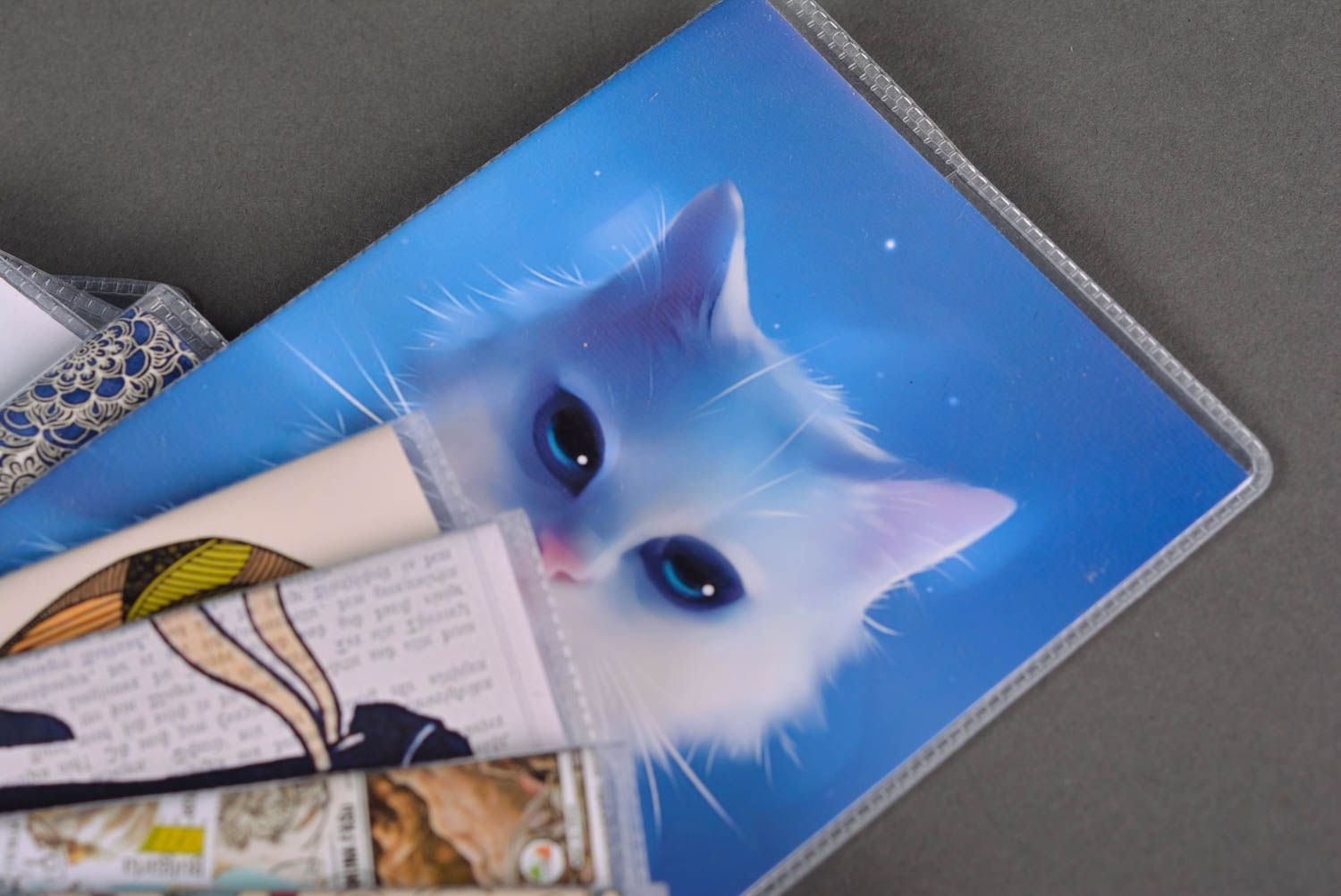 Protège-passeport fait main Étui passeport bleu avec chat blanc Cadeau original photo 2