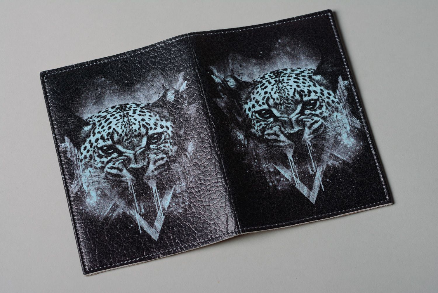 Handmade genuine leather passport cover with print  photo 2