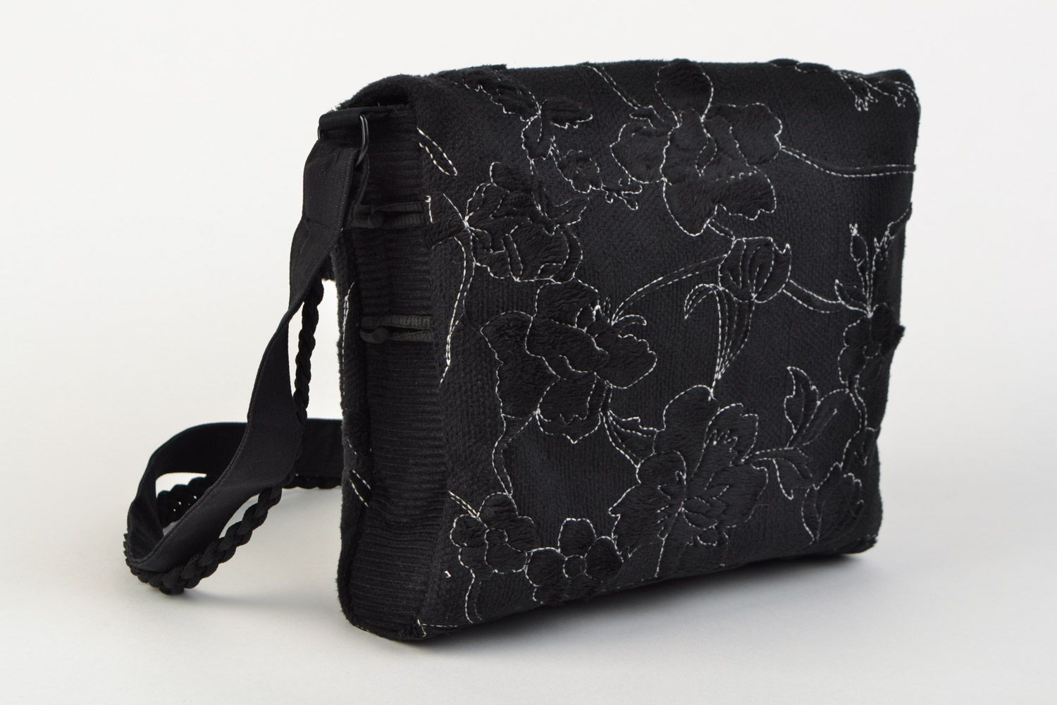 Bolso de tela artesanal con asa larga de mujer cuadrado negro foto 3
