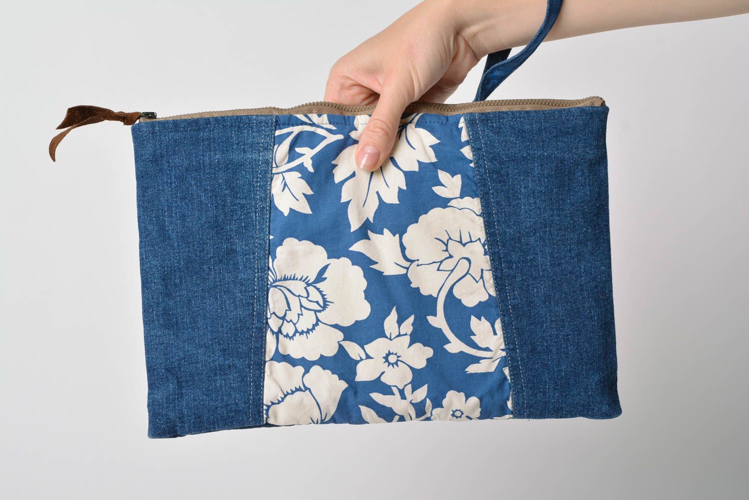 Handmade stylish clutch bag made of denim and cotton with zipper and loop photo 1