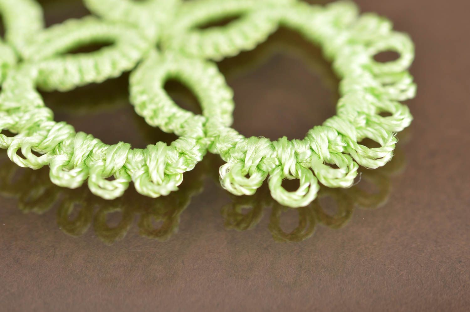 Handmade designer women's tatted wrist bracelet with Czech beads light green photo 4