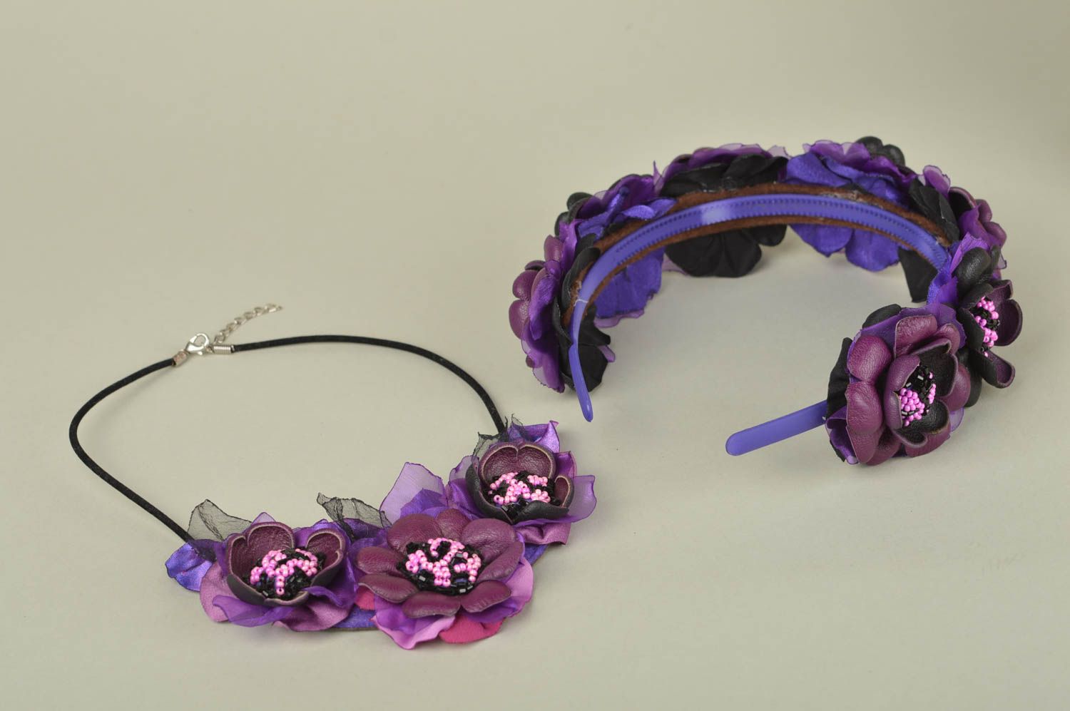 Handmade leather necklace flower hair band accessories for girls jewelry set photo 5
