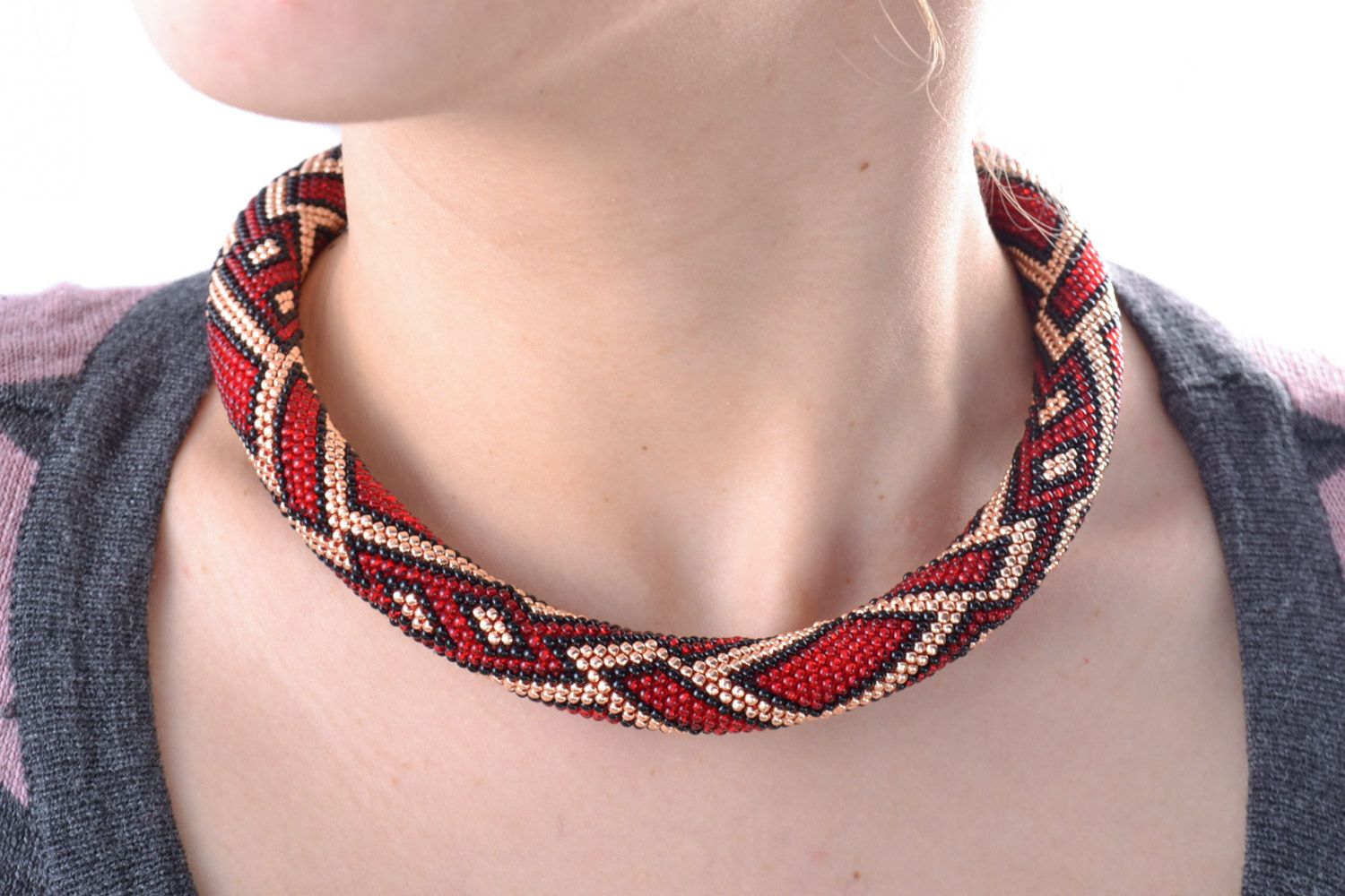 Handmade red Czech bead cord necklace with geometric patterns photo 1