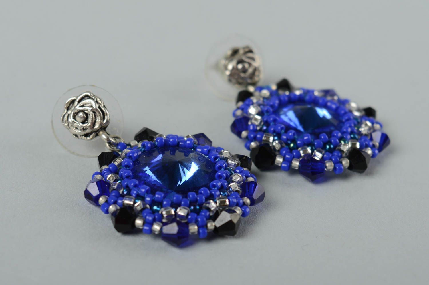 Boucles d'oreilles pendantes Bijou fait main bleu perles cristal Cadeau femme photo 4