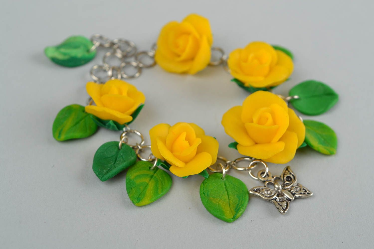 Beautiful unusual women's handmade designer plastic flower bracelet Yellow Roses photo 1