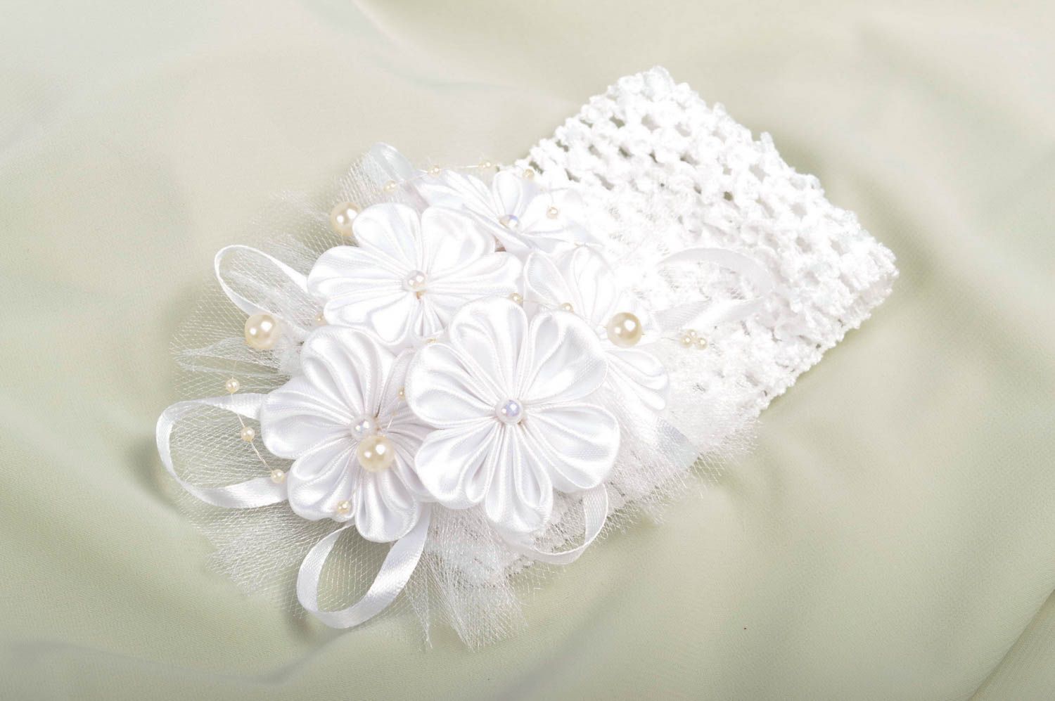 Handmade Haarband mit Blumen Haarband weiß breites Stirnband für Kinder foto 1