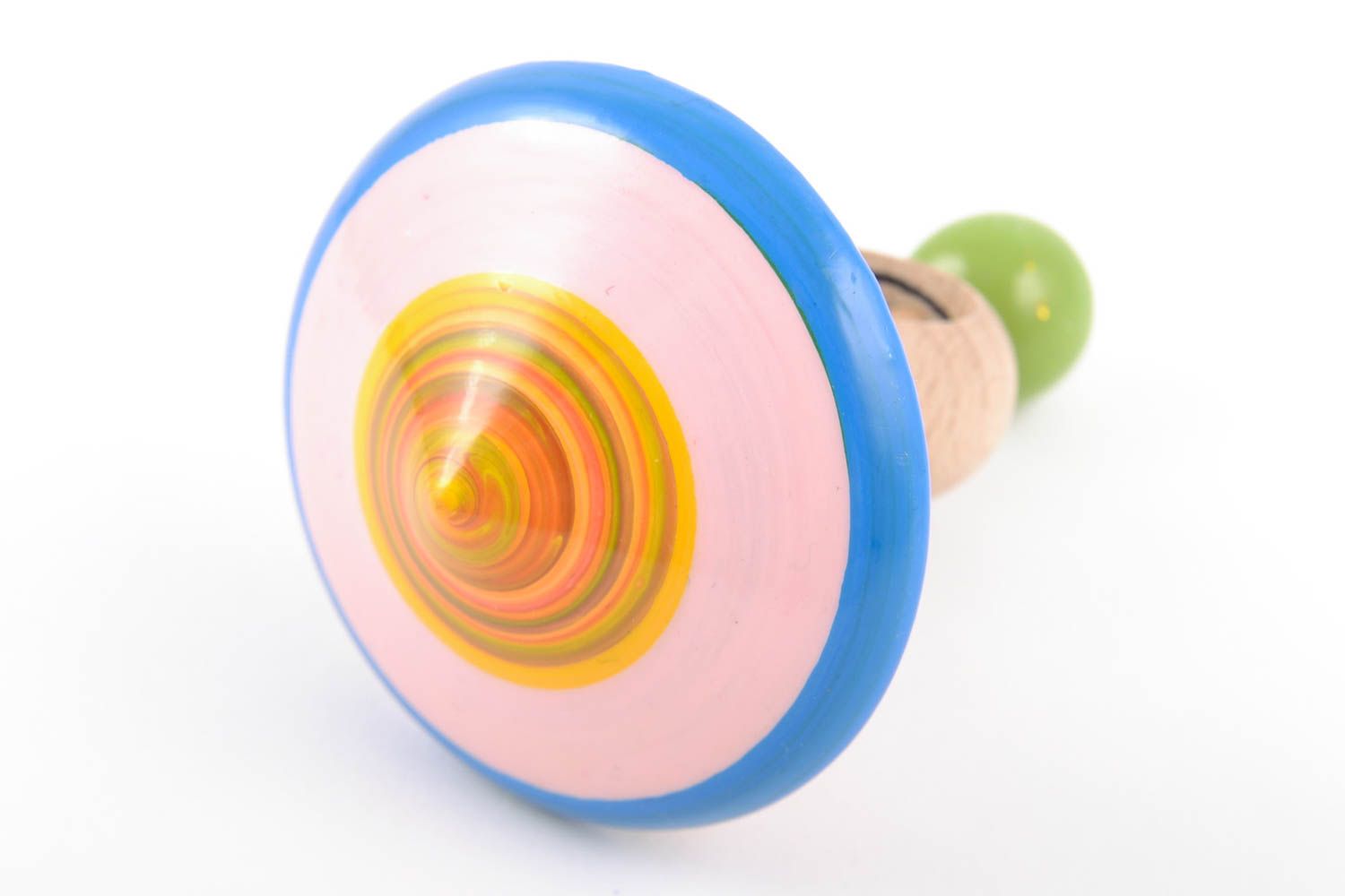 Handmade designer painted wooden spinning top with ring and string eco toy photo 4