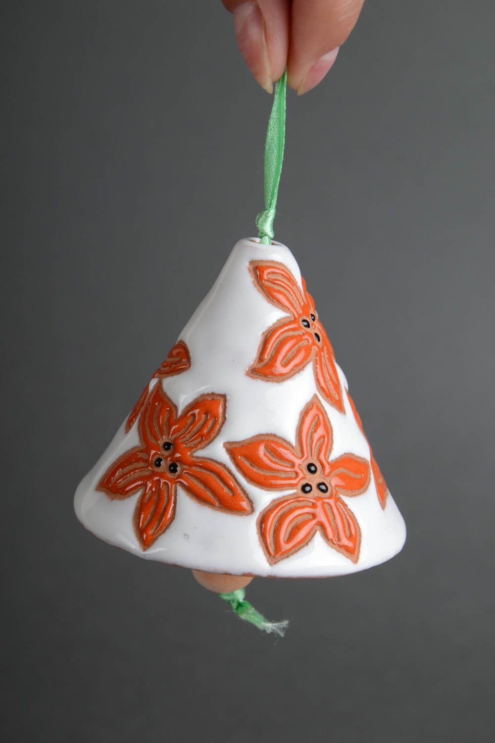 Handmade decorative hanging glaze ceramic white bell with orange flowers photo 5