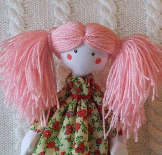 Homemade beautiful fabric designer doll with pink hair for interior decor photo 5