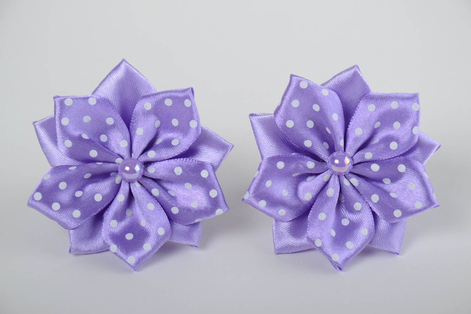 Children's handmade lilac textile flower hair ties set 2 pieces kanzashi photo 4