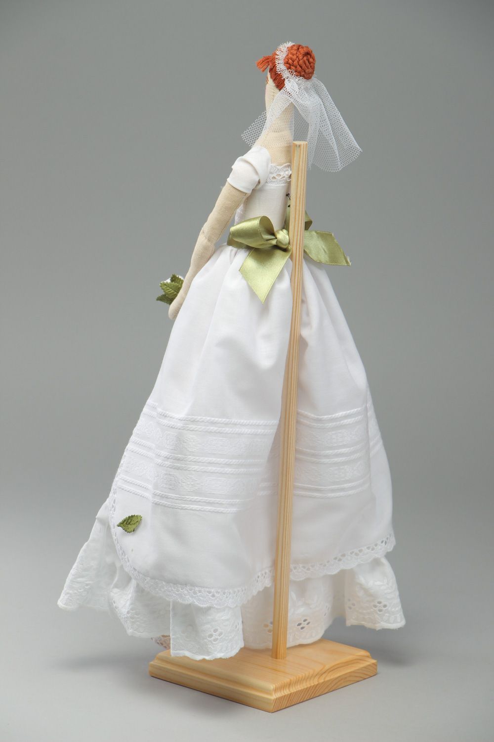 Beautiful handmade decorative fabric doll in wedding dress photo 3