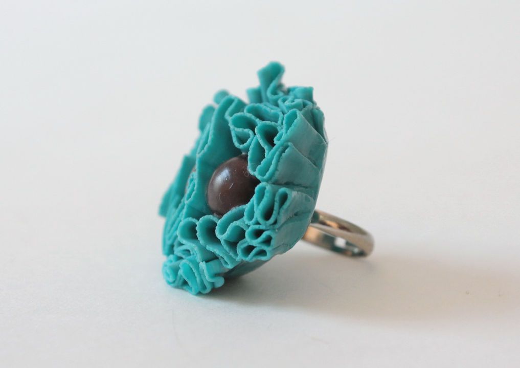Кольцо из полимерной глины Бирюзовый цветок фото 2