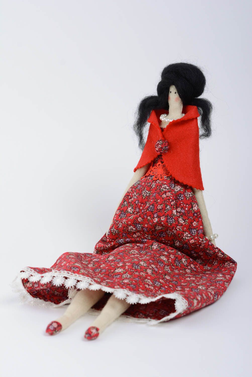 Fabric doll brunette in dress made of cotton handmade interior toy for children photo 1