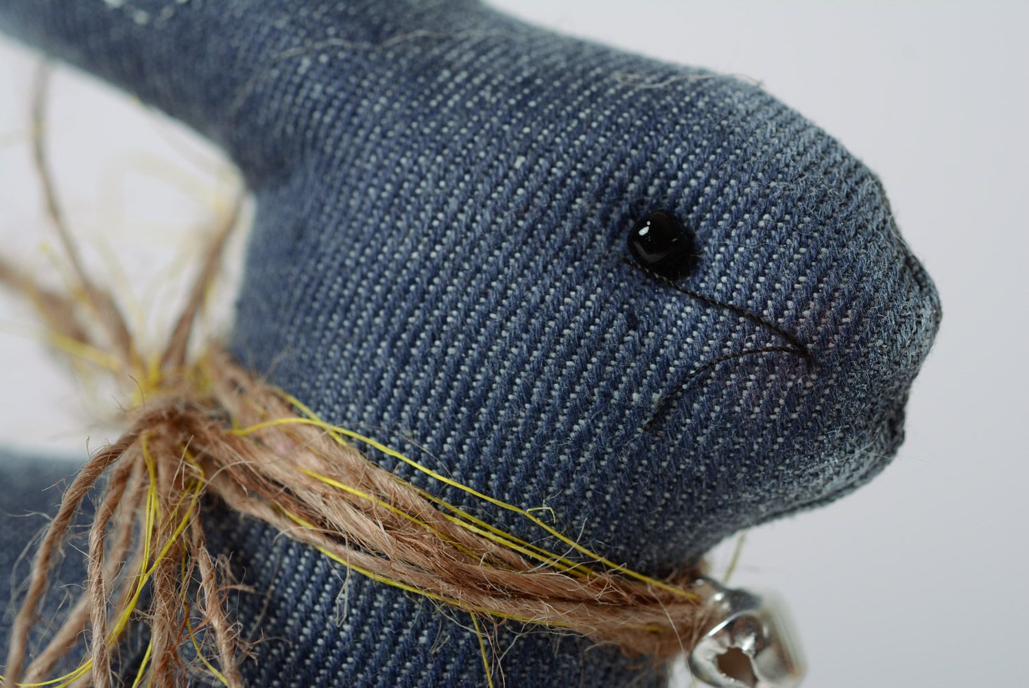 Handmade soft toy sewn of dark blue denim and painted with acrylics Rabbit photo 3
