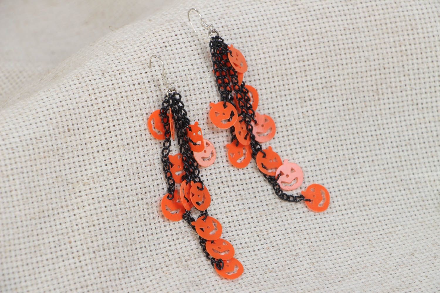 Metal handmade long designer earrings decorted with halloween pumpkins photo 1