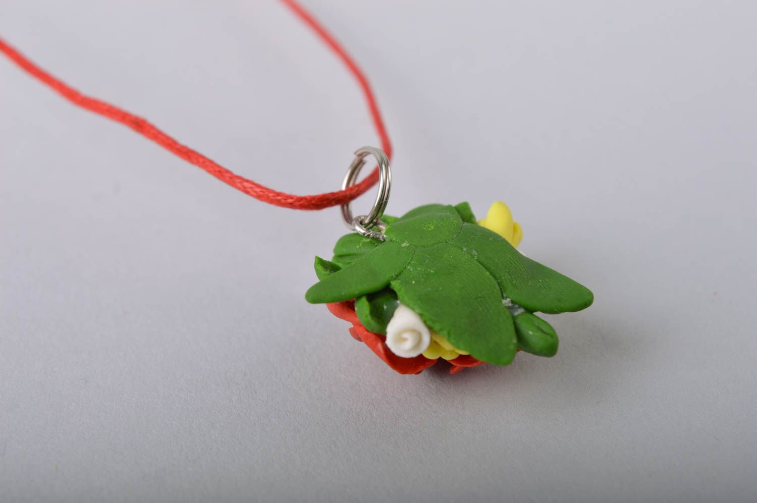 Handmade small floral cold porcelain pendant necklace red roses on cord photo 5