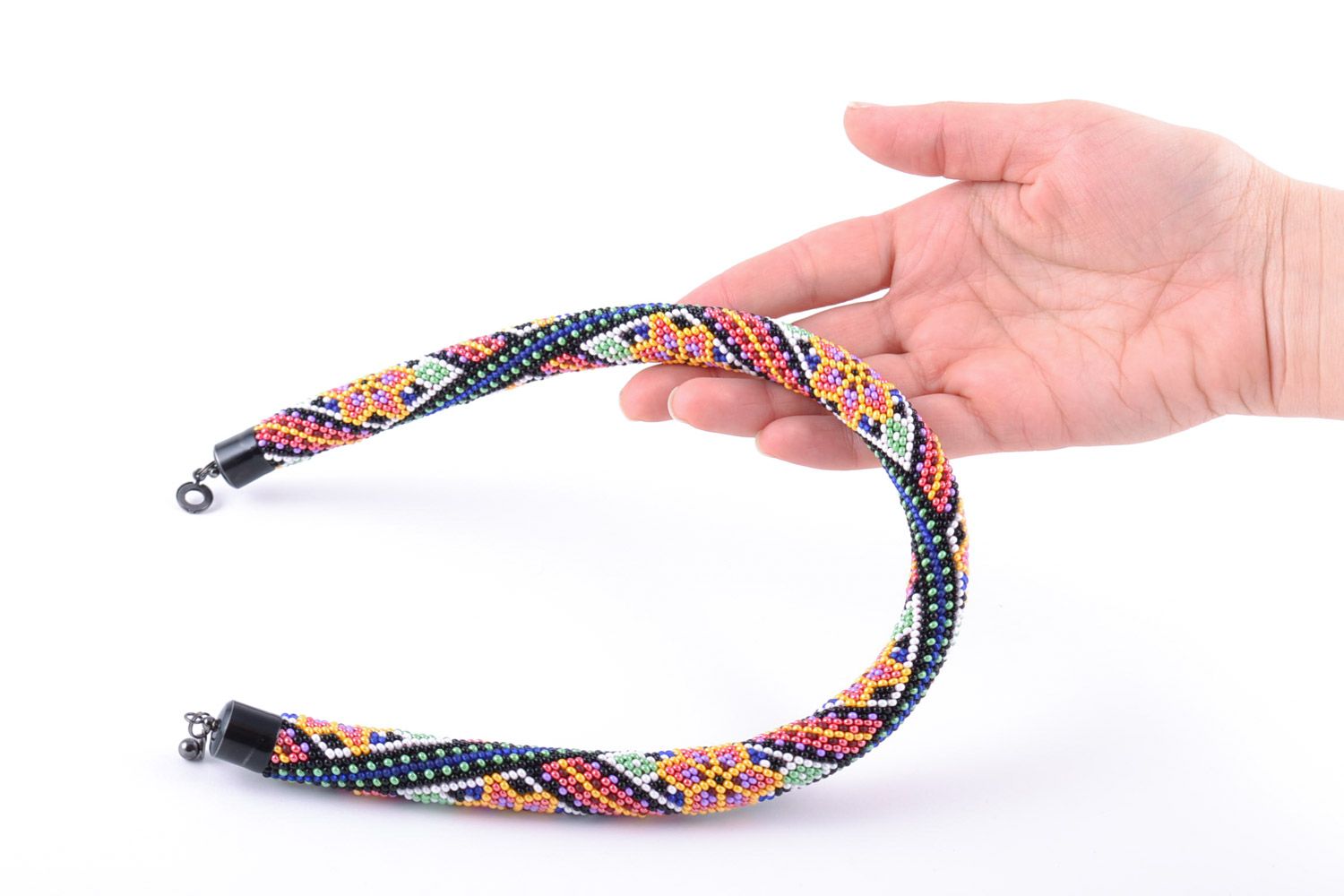 Handmade colorful women's cord necklace woven of beads with geometric ornament photo 2