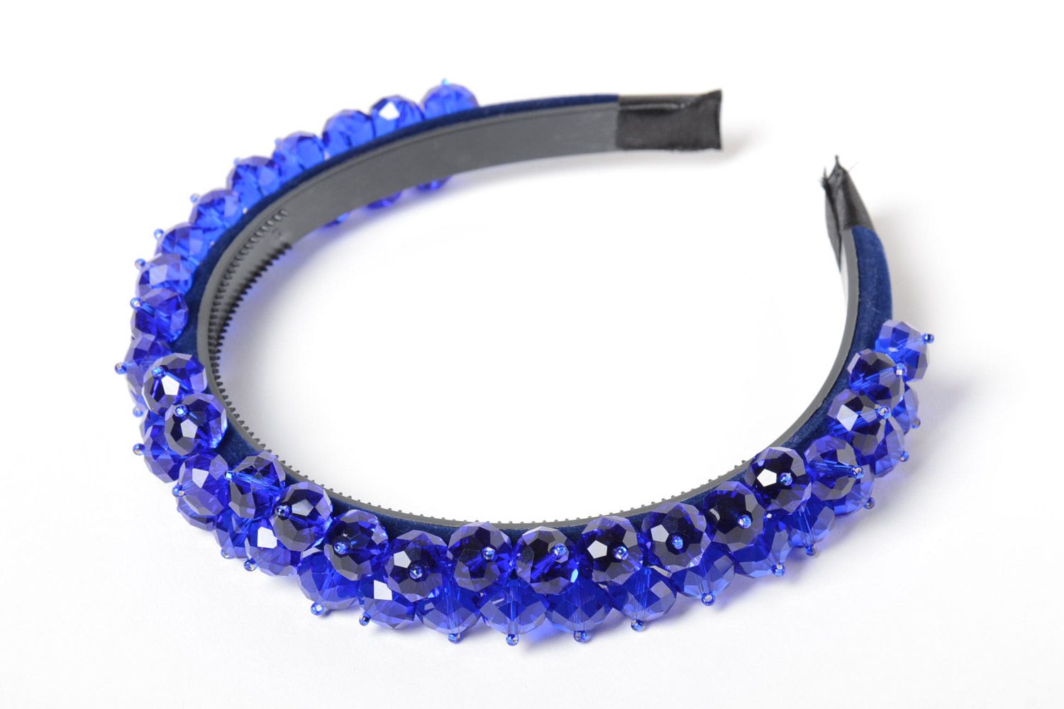 Festive blue handmade velvet headband with faceted beads for dark-haired girls photo 2