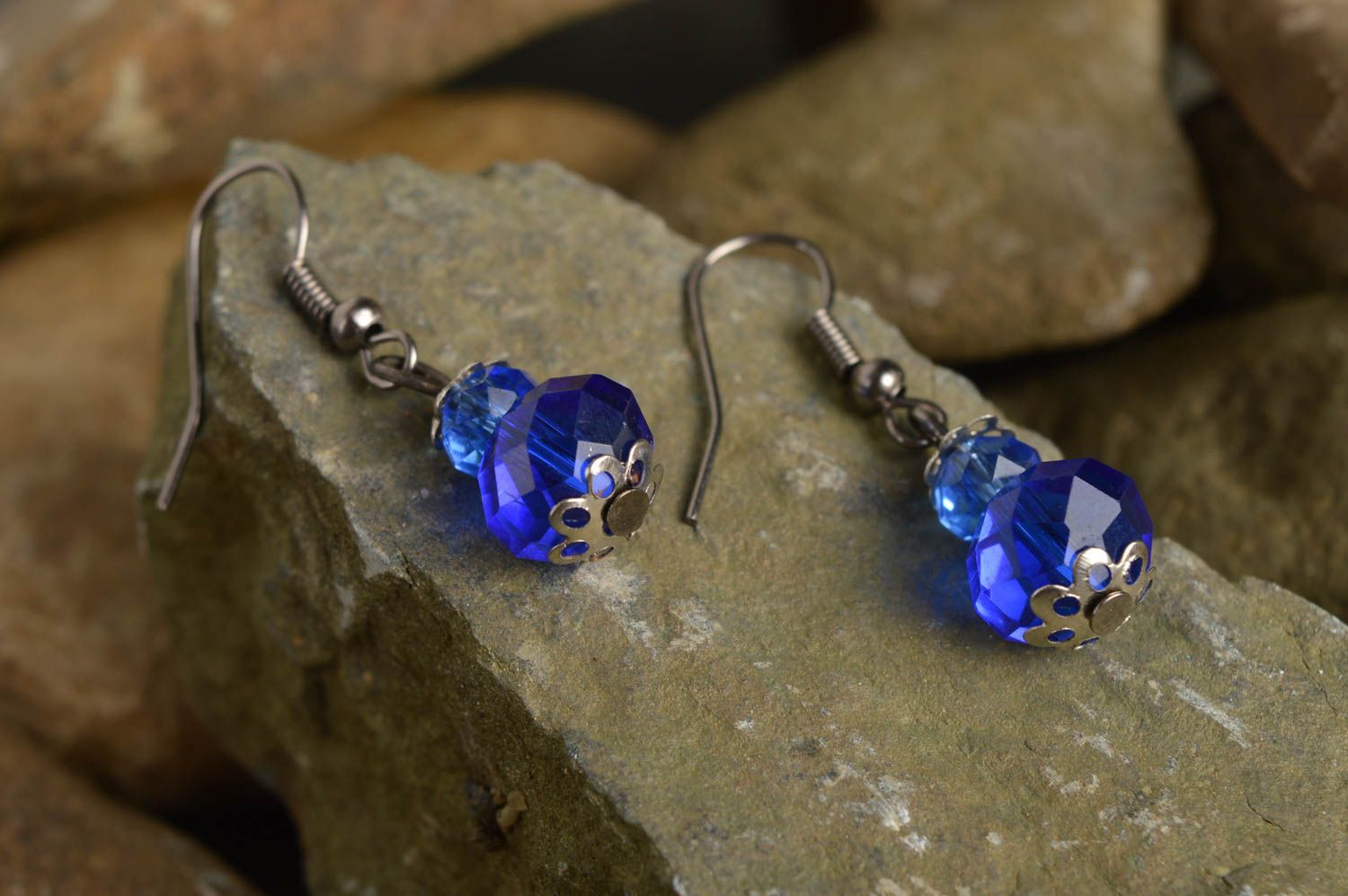 Handmade beaded blue earrings elegant tender earrings stylish accessory photo 1