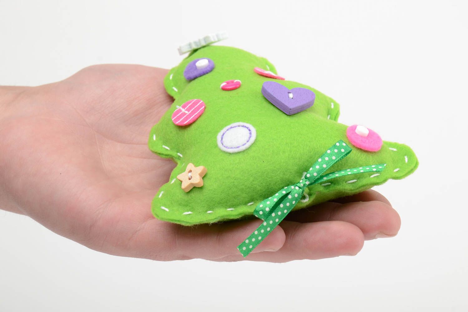 Handmade small green felt soft toy Christmas tree with colorful ornaments photo 5