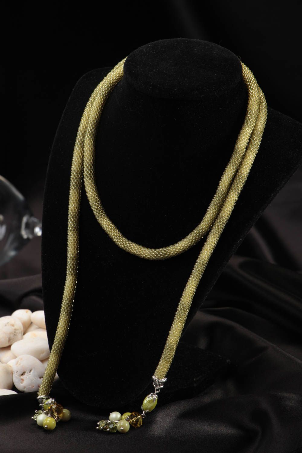 Handmade beaded cord necklace accessory made of ceramic pearls stylish jewelry photo 1